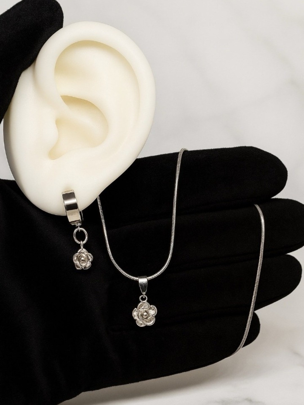 Silver Rose Flower Stainless Steel Jewelry Set
